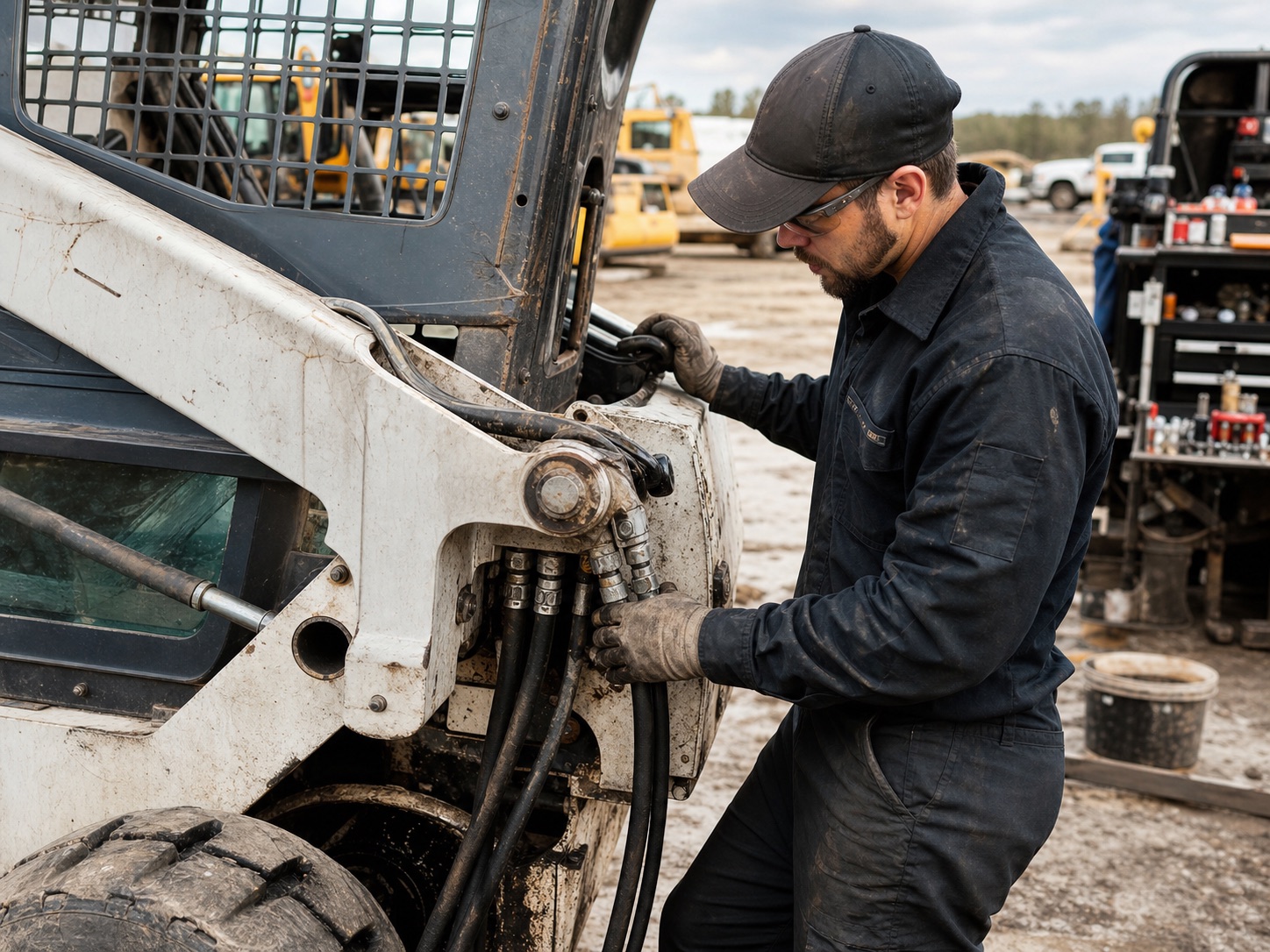 Mobile technician servicing hydraulic lines on compact equipment