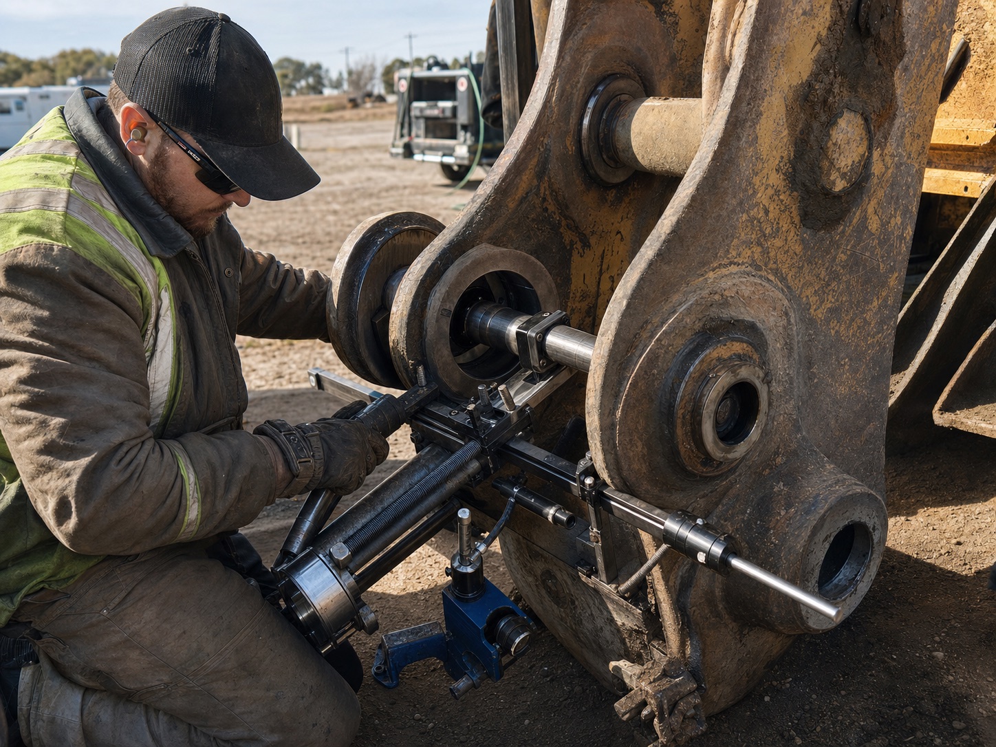 Portable line boring setup on heavy equipment linkage