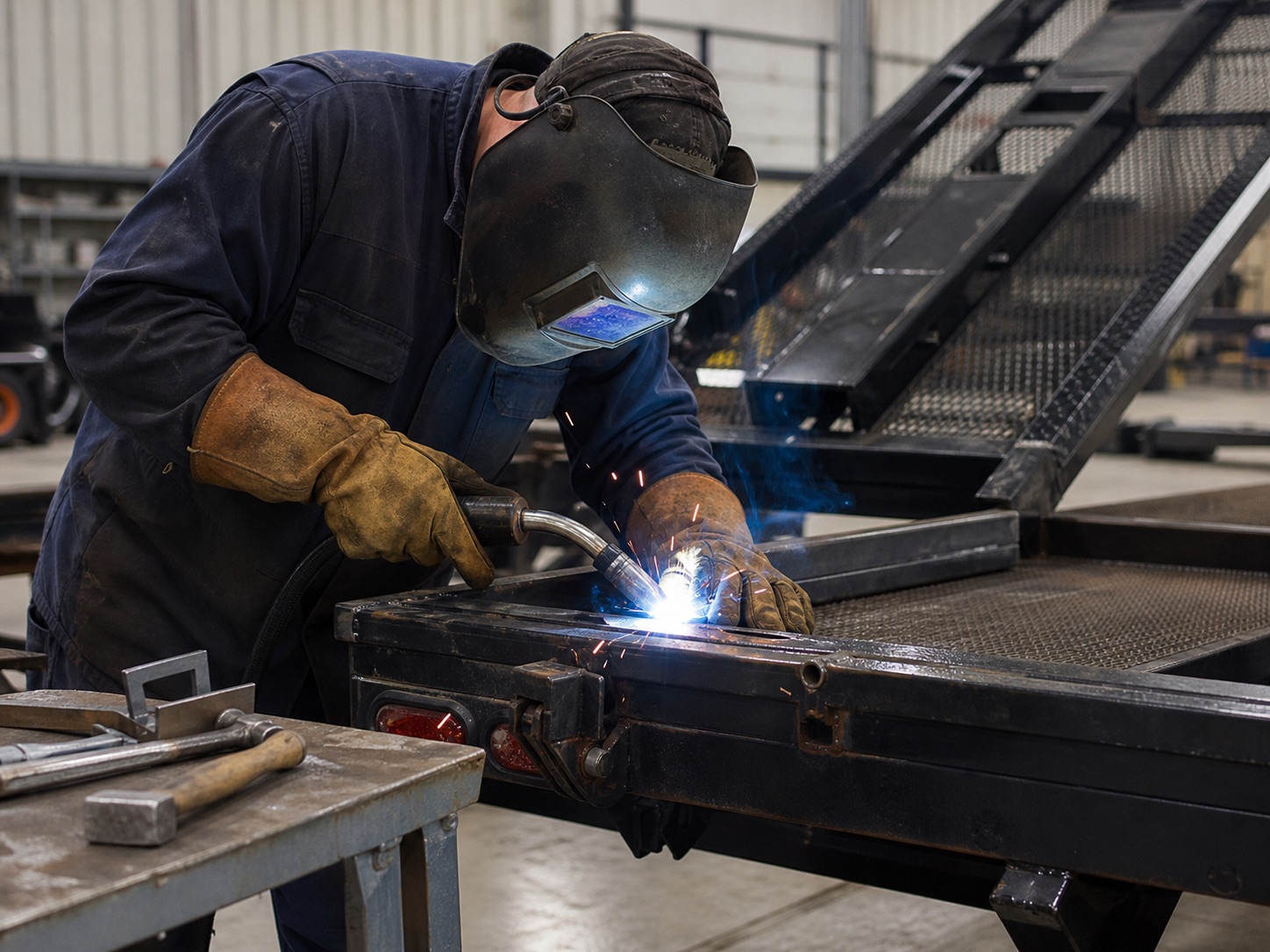 Technician welding a trailer ramp and frame